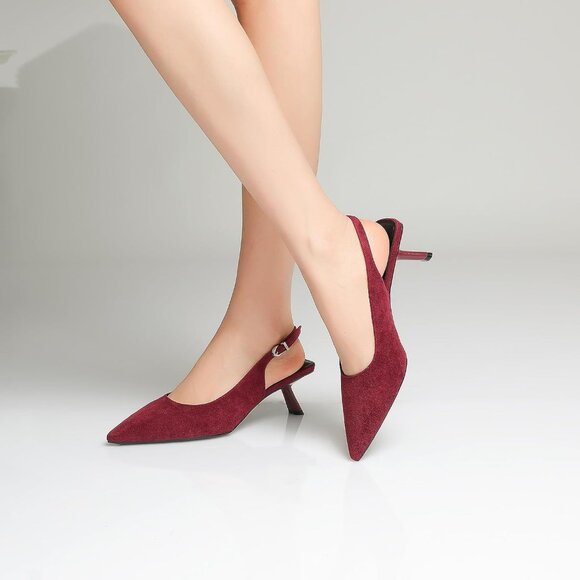 Mostrin Kitten Heels Burgundy Suede Low Slingback Heels with Buckle Dress Shoes - Picture 4 of 9